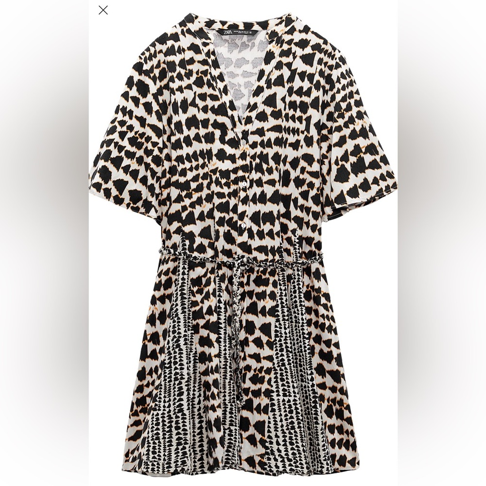 Zara Black White and Tan Animal Print Shirt Dress